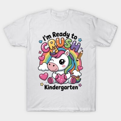 White T-shirt with colorful unicorn print, "I'm Ready to Crush Kindergarten" text, perfect for back-to-school kids.