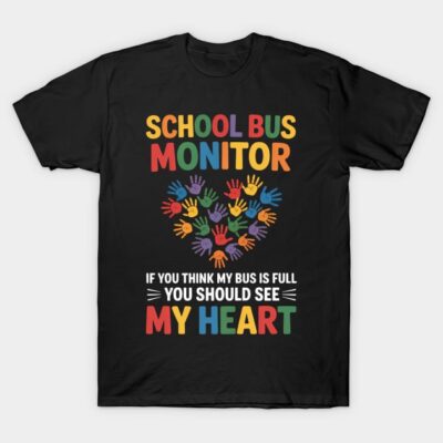 Black "School Bus Monitor" T-shirt with colorful handprint heart design, perfect for bus monitors, casual style.