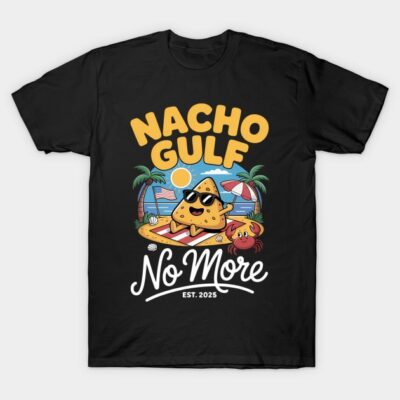 Black graphic T-shirt featuring "Nacho Gulf" beach theme with cartoon nacho and crab design, casual wear.