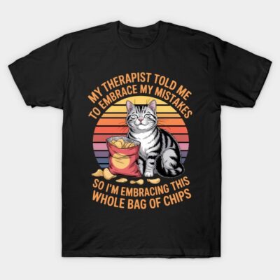 Black humorous cat t-shirt with retro design, featuring chips and a funny quote. Casual wear, soft cotton material.
