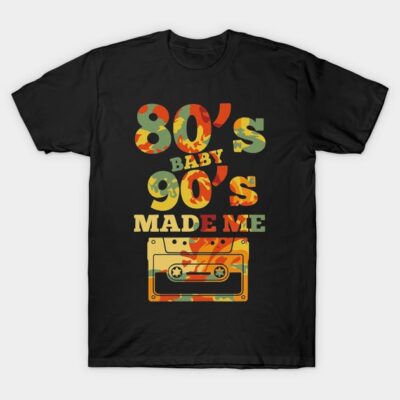 Black retro cassette graphic tee, "80s 90s Made Me" print, vintage style, unisex casual cotton t-shirt.