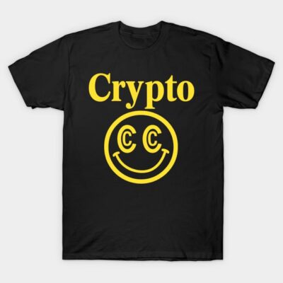 Black t-shirt with yellow "Crypto" text and smiley face design, casual wear, cotton material.