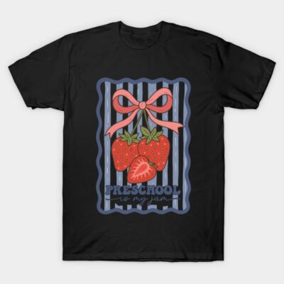 Black t-shirt with strawberry design, "Preschool is my jam" text, casual style, cotton material, perfect for everyday wear.