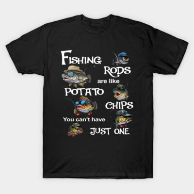 Black fishing-themed t-shirt with humorous quote and colorful fish graphics, ideal for casual wear and fishing enthusiasts.