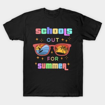 Black t-shirt with colorful "Schools Out for Summer" sunglasses graphic, casual summer wear.