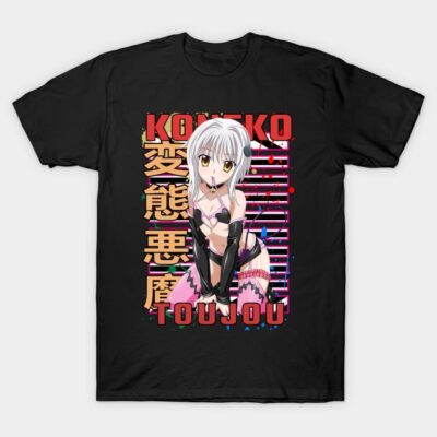 Black anime graphic T-shirt featuring colorful text and character design, casual wear, cotton material.