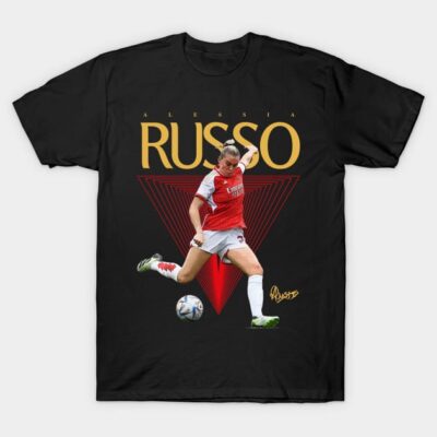 Black graphic t-shirt featuring a soccer player design with vibrant red and white accents, perfect for sports fans.