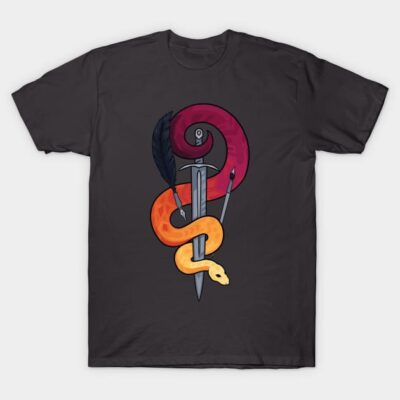 Black t-shirt with colorful snake and dagger design, suitable for casual wear, made from soft cotton blend material.