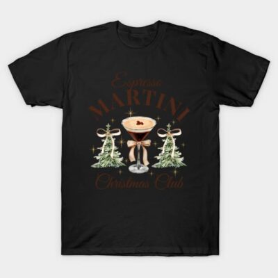 Black t-shirt featuring espresso martini Christmas club design with festive trees, perfect for holiday gatherings.