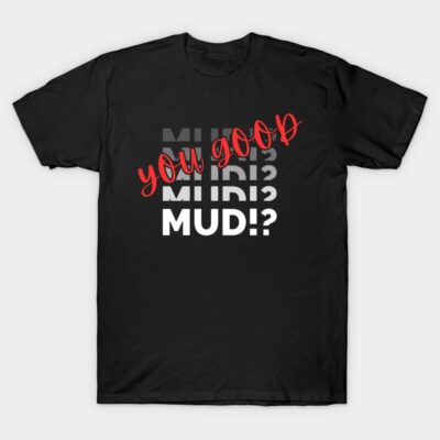 Black t-shirt with bold white and red text design, casual style, ideal for everyday wear.