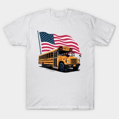 White t-shirt with yellow school bus and American flag design, casual wear, cotton material, unisex style.