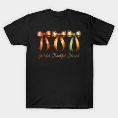 Black t-shirt with colorful bow design and "Grateful, Thankful, Blessed" text, casual wear for everyday style.