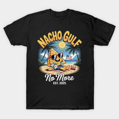 Black graphic tee with "Nacho Gulf" design, featuring a cartoon nacho on a beach scene, palm trees, and sun.