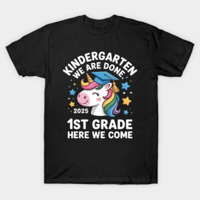 Black children's t-shirt with colorful unicorn, stars, and "Kindergarten We Are Done, 1st Grade Here We Come" text design.