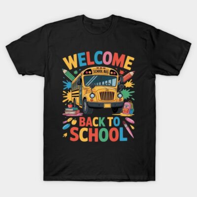 Black t-shirt featuring colorful "Welcome Back to School" design with yellow school bus graphic, perfect for students.