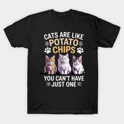 Black T-shirt with cute cat graphic and "Cats Are Like Potato Chips" humorous text, casual style, cotton material.