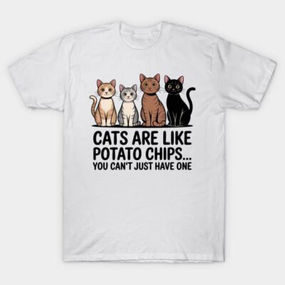 White t-shirt with cartoon cats and "Cats Are Like Potato Chips" text, casual wear, cotton material.
