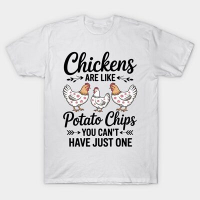 White t-shirt with humorous chicken and potato chip graphic, casual wear, novelty design, cotton material.