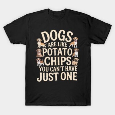 Black t-shirt with playful dog print and "Dogs Are Like Potato Chips" slogan, casual wear, cotton material.