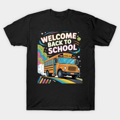 "Black t-shirt with colorful 'Welcome Back to School' graphic featuring a school bus and vibrant design."