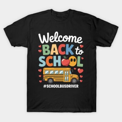 Black T-shirt with "Welcome Back to School" colorful print, school bus design, perfect for school events and casual wear.