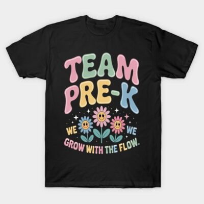 Black "Team Pre-K" t-shirt with colorful text and flower design, perfect for school events or casual wear.