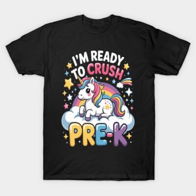 Black T-shirt featuring colorful unicorn and rainbow design with "I'm Ready to Crush Pre-K" text, fun kids' apparel.