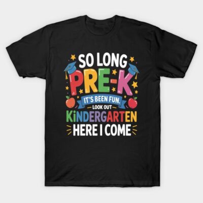 Black kids t-shirt with colorful "So Long Pre-K, Here I Come Kindergarten" design, perfect for school transitions.