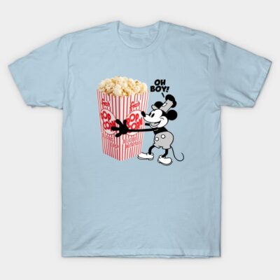 Light blue T-shirt with vintage cartoon and popcorn design, casual style, comfortable cotton material.