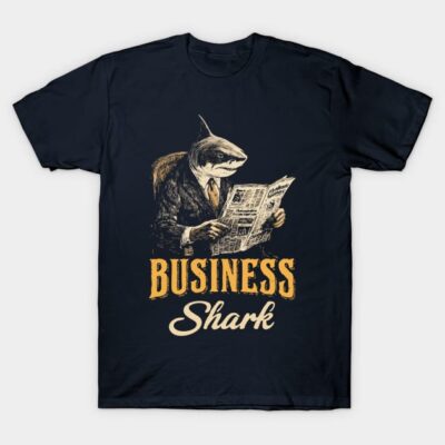 Navy blue cotton t-shirt with "Business Shark" print, featuring a shark in a suit reading a newspaper, casual wear.