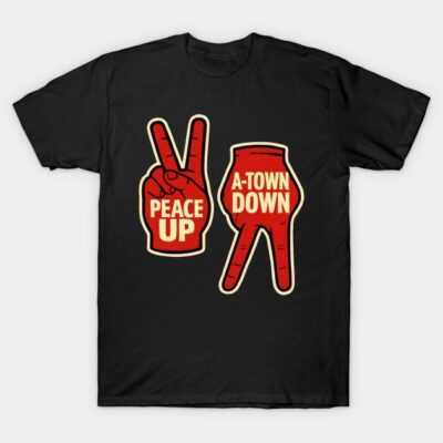 Black t-shirt with red hand gesture graphics, "Peace Up A-Town Down" text, casual wear, cotton material.