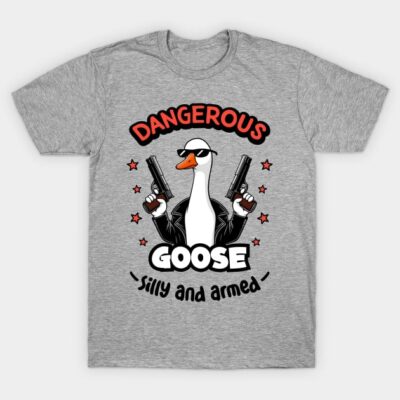 Gray t-shirt with "Dangerous Goose" graphic, featuring a cartoon goose with sunglasses and two guns; humorous style.
