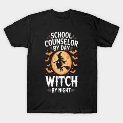 Black Halloween-themed T-shirt with "School Counselor by Day, Witch by Night" text and witch silhouette design.