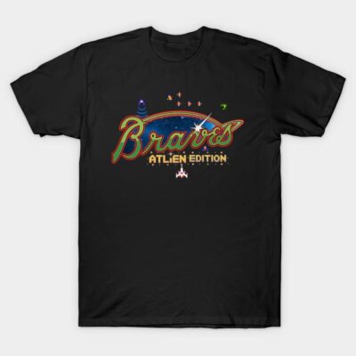 Black graphic T-shirt with "Braves Atlien Edition" in retro style, ideal for casual wear, cotton material.