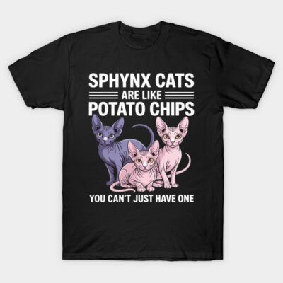 "Black T-shirt with colorful Sphynx cat design and humorous text, casual style, perfect for cat lovers."