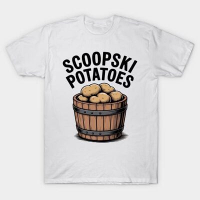 White t-shirt with "Scoopski Potatoes" text and potato-filled basket graphic, casual style, 100% cotton.