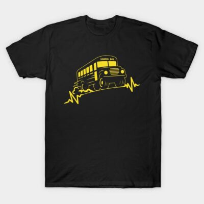 Black t-shirt with yellow school bus graphic, casual style, cotton material, ideal for everyday wear.
