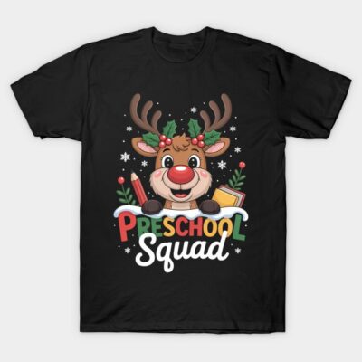 Black T-shirt with festive reindeer and "Preschool Squad" text, ideal for kids' holiday wear.