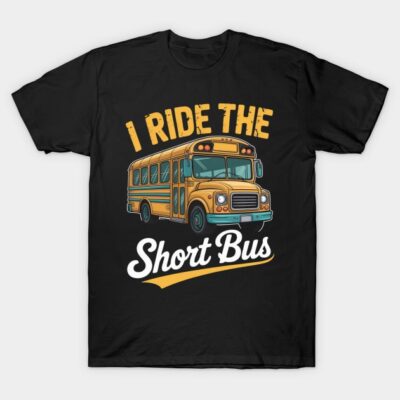 Black T-shirt with vintage yellow school bus graphic and playful text, casual style, perfect for everyday wear.