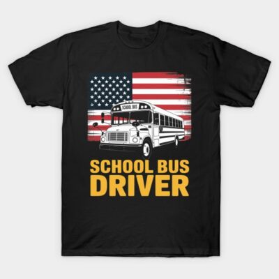 Black "School Bus Driver" T-shirt with American flag and bus graphic, ideal for casual wear or gifts.