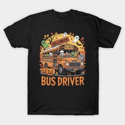 Black Halloween-themed T-shirt with spooky bus driver graphic, featuring pumpkins and ghosts. Perfect for festive occasions.