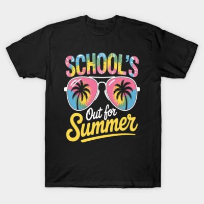 Black t-shirt with colorful "School's Out for Summer" text and sunglasses graphic, perfect for summer casual wear.