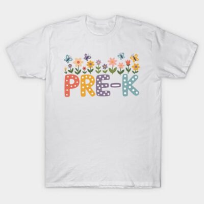 White t-shirt with "PRE-K" text in colorful letters and floral design, perfect for preschool settings.