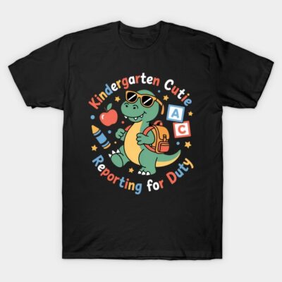 Black t-shirt with cute dinosaur graphic, "Kindergarten Cutie" text, ideal for kids, soft cotton fabric.