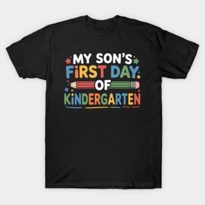Black T-shirt with colorful "First Day of Kindergarten" design, perfect for school events and casual wear.
