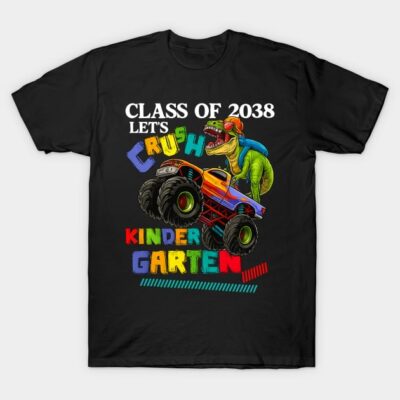 Black t-shirt with colorful "Class of 2038 Let's Crush Kindergarten" dinosaur and monster truck graphic design.