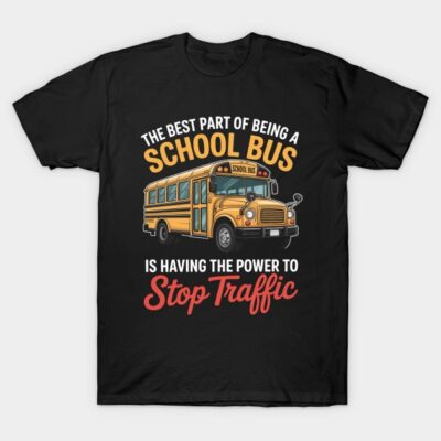Black T-shirt with school bus graphic and humorous text, casual style, ideal for everyday wear.