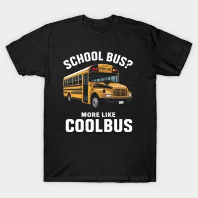 Black T-shirt with yellow school bus graphic and "School Bus? More Like Coolbus" text, casual style, cotton fabric.