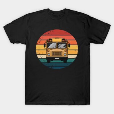 Black t-shirt with vintage school bus design on a retro sunset background, perfect for casual wear or gifts.