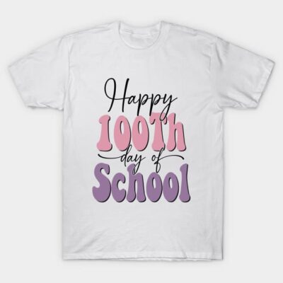 White t-shirt with "Happy 100th Day of School" design in pink and purple, perfect for school celebrations.